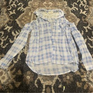 Womens off the shoulder flannel button up blouse. Brand: no comment